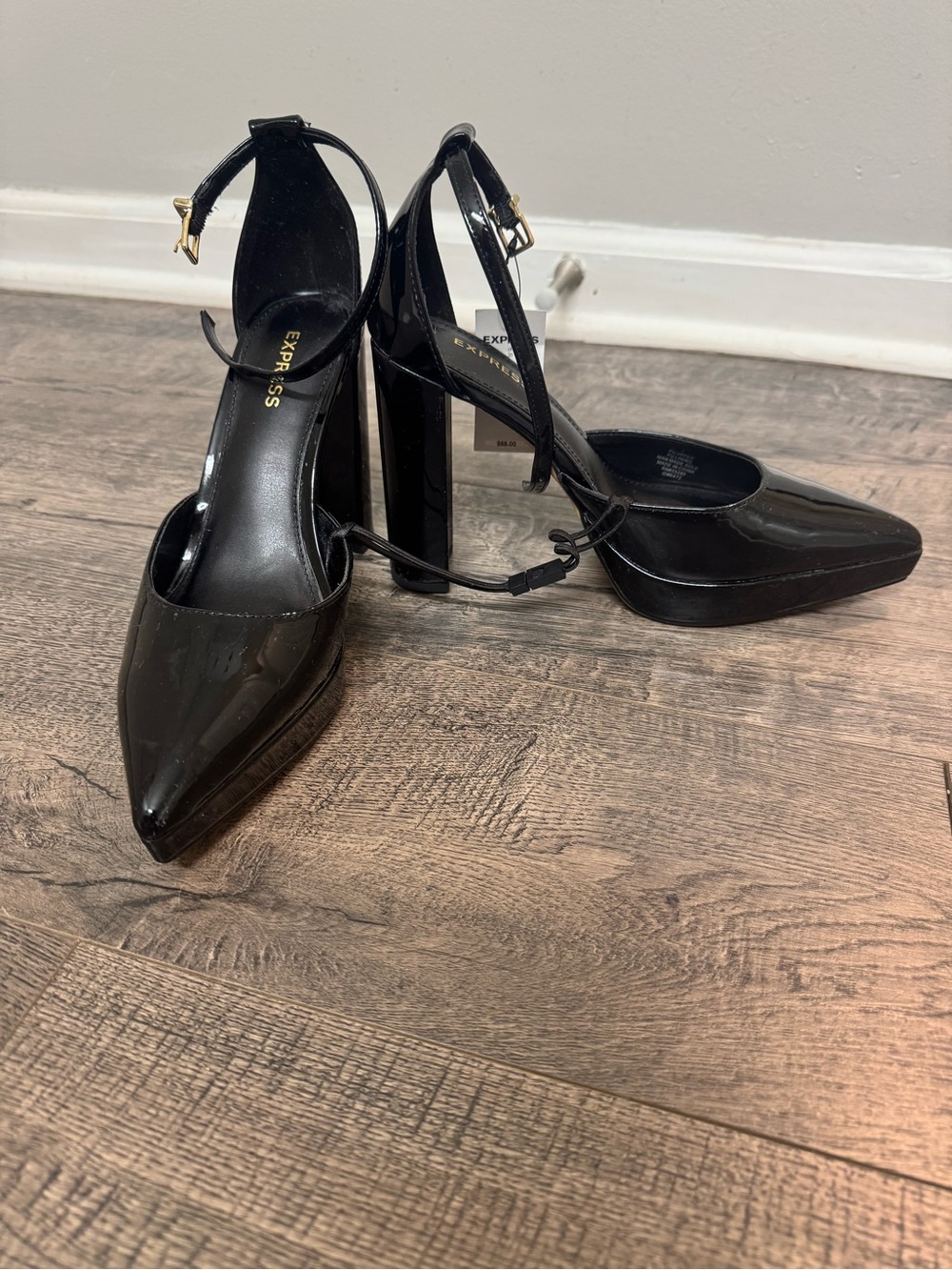 Express Black Patent Pointed-Toe Ankle-Strap Block Heels
